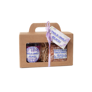 Zestaw prezentowy TWOJA CHWILA RELAKSU - Świeczka zapachowa i sól do kąpieli z płatkami lawendy