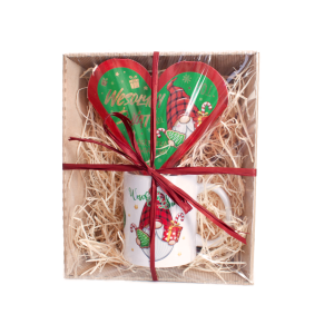 Zestaw prezentowy świąteczny kubek + herbatka w ozdobnym opakowaniu z tektury karbowanej . 21x25x7 cm. SKRZAT