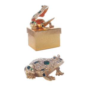 Puzderko metalowe z kryształkami ŻABKA. 7x6.3x4 cm