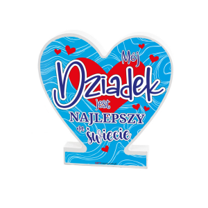 Drewniana tabliczka serce z podstawką wzbogacona lakierem UV z napisem Mój Dziadek jest Najlepszy na świecie. 14.8x15x1,5 cm