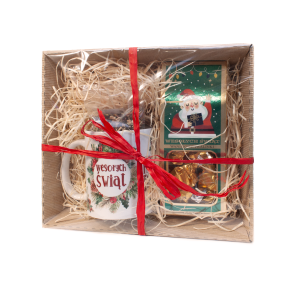 Zestaw prezentowy świąteczny kubek, praliny i herbatka w ozdobnym pudełku z tektury karbowanej. 21x25x7 cm. MIKOŁAJ