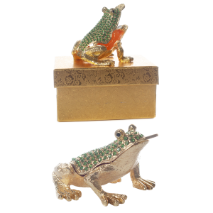 Puzderko metalowe z kryształkami ŻABKAz pieniążkiem. 8x4.5x5.3 cm
