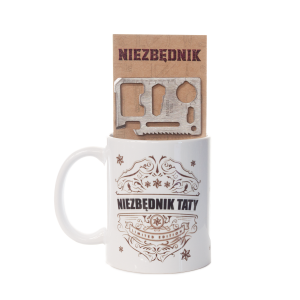 Kubek ceramiczny z napisem NIEZBĘDNIK TATY z narzędziem wielofunkcyjnym.