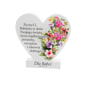 Drewniana tabliczka serce z podstawką wzbogacona lakierem UV z napisem Życzę Ci Babuniu... 14.8x15x1,5 cm