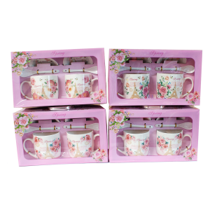 Kpl 2 kubków ceramicznych ze spodkami i łyżeczkami  , mix wzorów. 2x300 ml