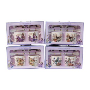 Kpl 2 kubków ceramicznych ze spodkami i łyżeczkami MOTYLE , mix wzorów. 2X 300 m