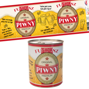 Skarbonka metalowa z napisem FUNDUSZ PIWNY