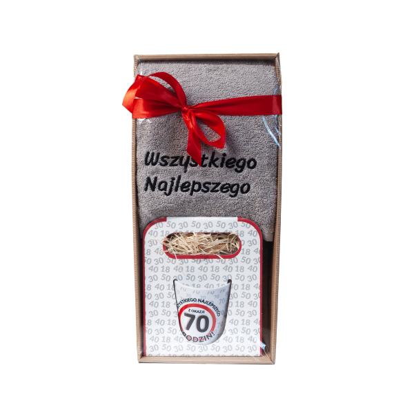 Zestaw upominkowy na 70 URODZINY szary ręcznik i kubek znaki w ozdobnym opakowaniu. 18.5x9.5x41 cm