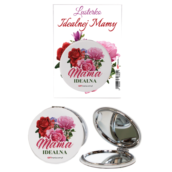 Lusterko kieszonkowe z eco skóry z nadrukiem  UV "MAMA IDEALNA". Ø 7 cm