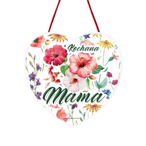 Drewniana tabliczka serce wzbogacona lakierem UV z napisem &quot;Kochana Mama&quot;. 15x15 cm