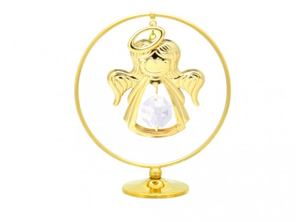 Pozłacana figurka z kryształkami STRASS Swarovski ANIOŁEK  w kółku, 8cm