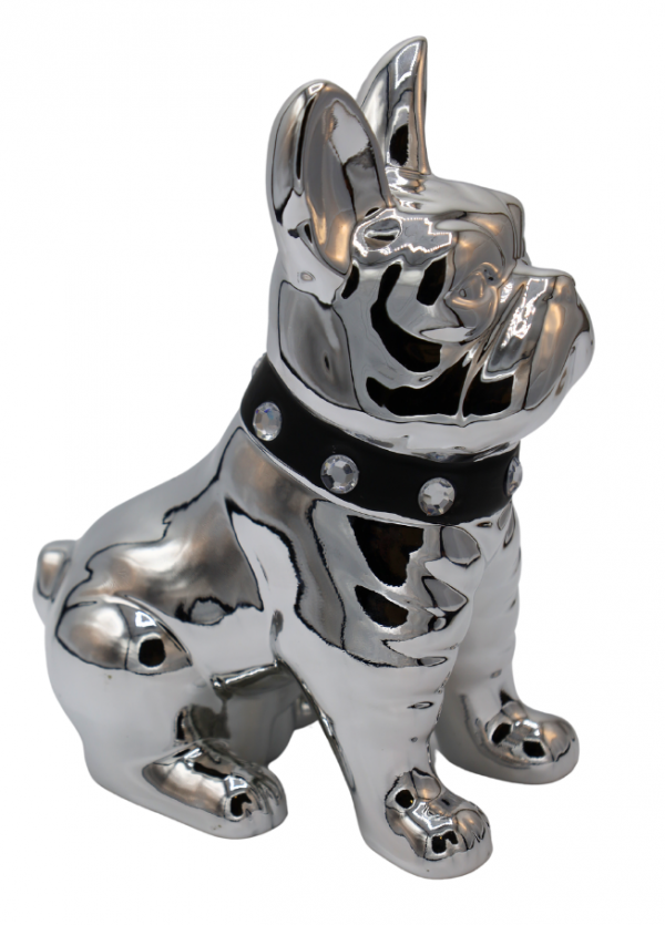 SKARBONKA CERAMICZNA BULDOG SREBRNY Z CZARNĄ OBROŻĄ Z CEKINAMI 17,5x12x23,5 cm