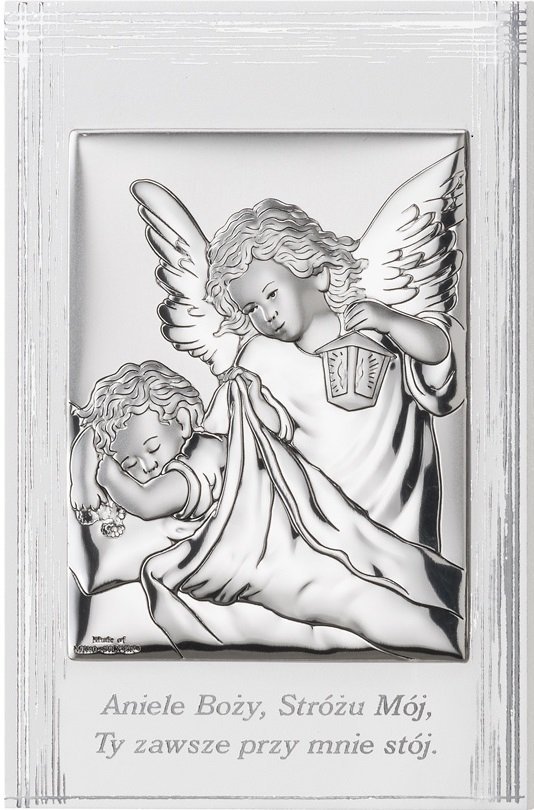 Obrazek Anioł Stróż z podpisem na białym drewnie