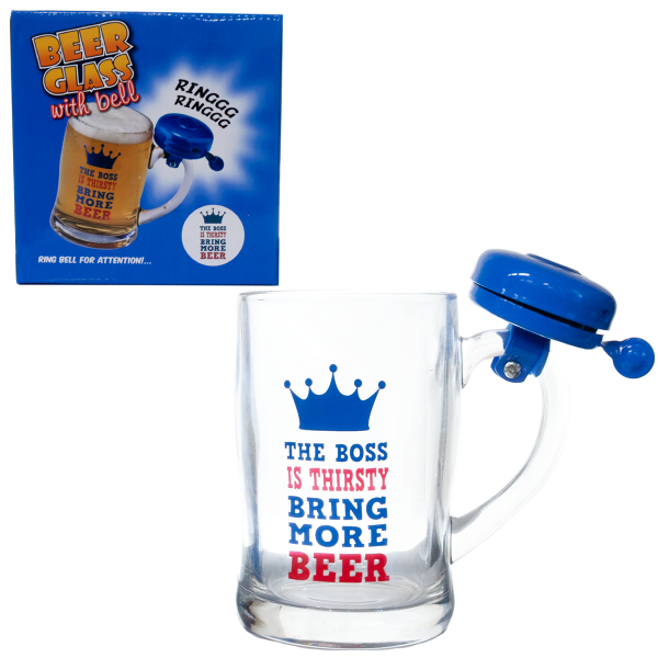 Kufel do piwa z napisem THE BOSS IS THIRSTY...z dzwonkiem , poj.400 ml