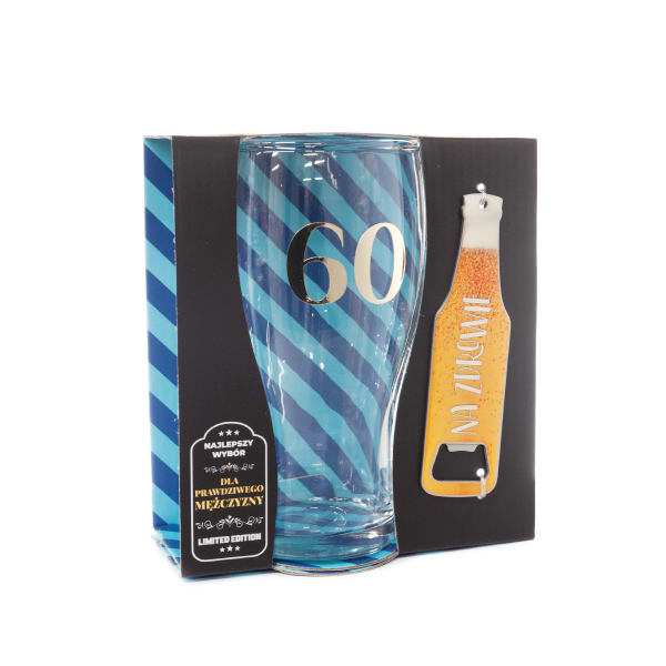 Zestaw 2w1 szklanka do piwa ze złotą cyfrą &quot;60&quot;  z otwieraczem do butelek &quot;Na zdrowie &quot; w ozdobnym opakowaniu prezentowym . 500 ml