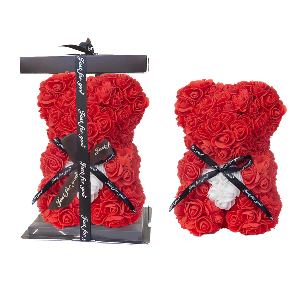 Miś z różyczek piankowych, czerwony z białym sercem - rozmiar 15x24,5 cm