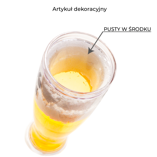 Art. dekoracyjny plastikowa szklanka do piwa z podwójnymi ściankami z brokatem  i napisem "Piwo, bo kazdy ma jakieś hobby  ". Wysokość 24 cm