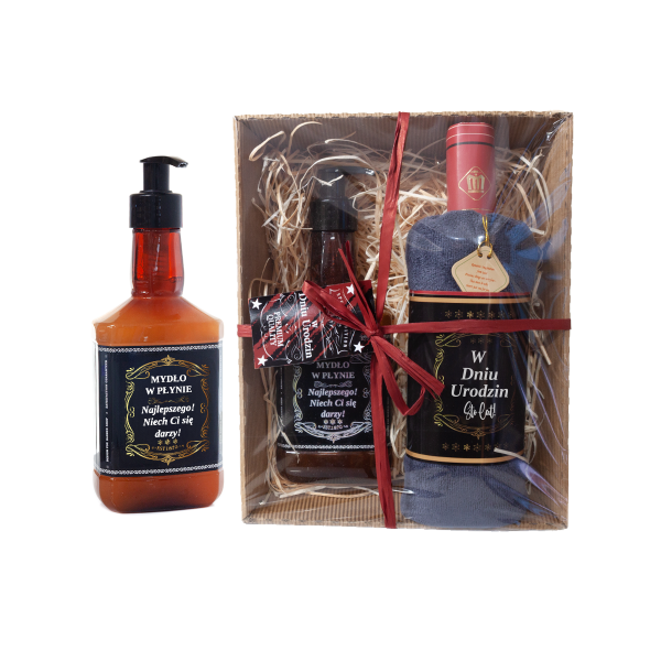 Zestaw prezentowy URODZINY  ręcznik w kształcie butelki i mydło w płynie