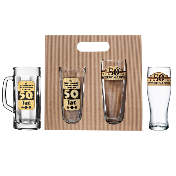 Zestaw prezentowy "50 lat"  kufel i szklanka do piwa w opakowaniu