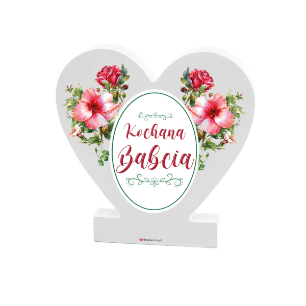 Drewniana tabliczka serce z podstawką wzbogacona lakierem UV z napisem &quot;Kochana Babcia&quot; 11x11x1,5 cm
