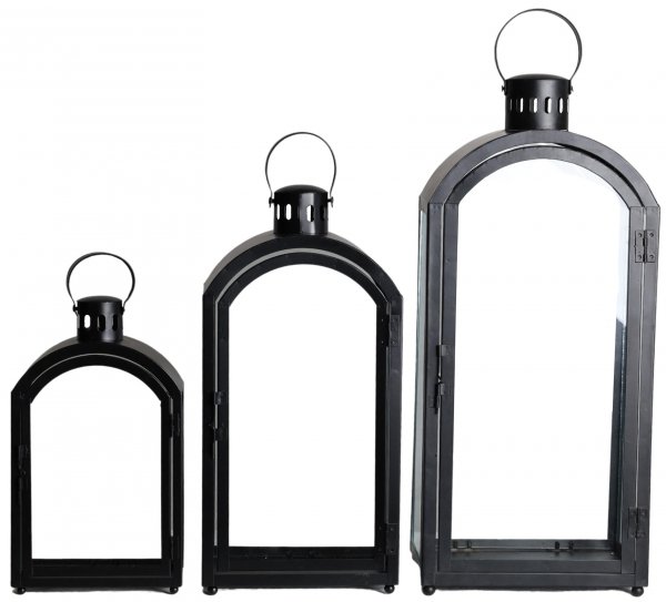KPL. 3 LATARNI METALOWYCH CZARNYCH MATOWYCH 18x10x32/21x14,5x44,5/24,5x18x57 cm