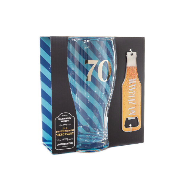 Zestaw 2w1 szklanka do piwa ze złotą cyfrą "70"  z otwieraczem do butelek "Na zdrowie " w ozdobnym opakowaniu prezentowym . 500 ml
