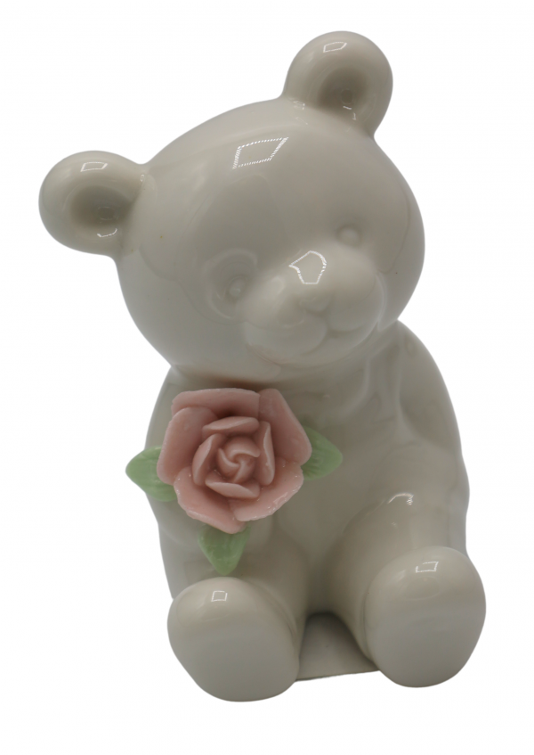 MIŚ CERAMICZNY BIAŁY Z RÓŻOWYM KWIATUSZKIEM MINI 6,4x6,2x8,3 cm