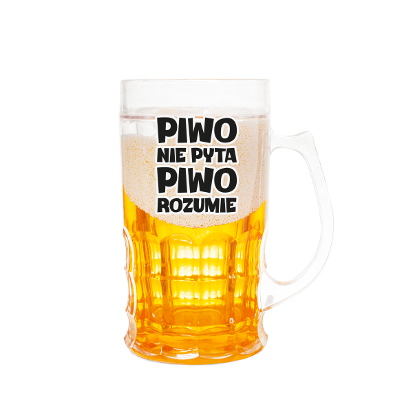 Art. dekoracyjny sztuczny kufel do piwa z napisem " Piwo nie pyta , piwo rozumie  ". Wysokość 15,5 cm