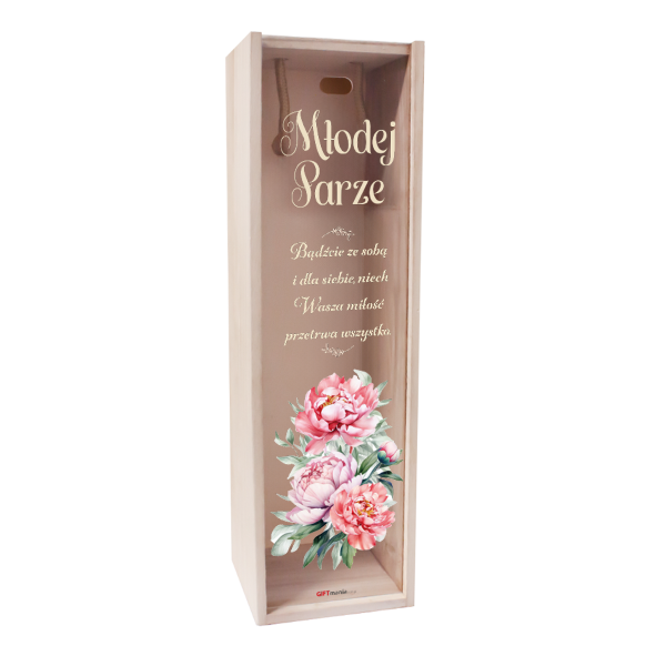 Skrzynka drewniana na butelkę z przeźroczystym frontem "Młodej Parze"