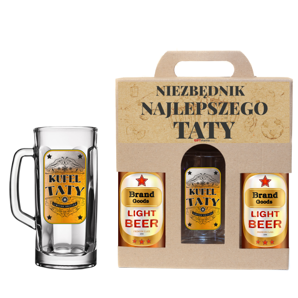 Zestaw prezentowy NIEZBĘDNIK  TATY.Dedykowany kufel do piwa 0,5 L z nosidłem na 2 butelki   "Kufel Taty"